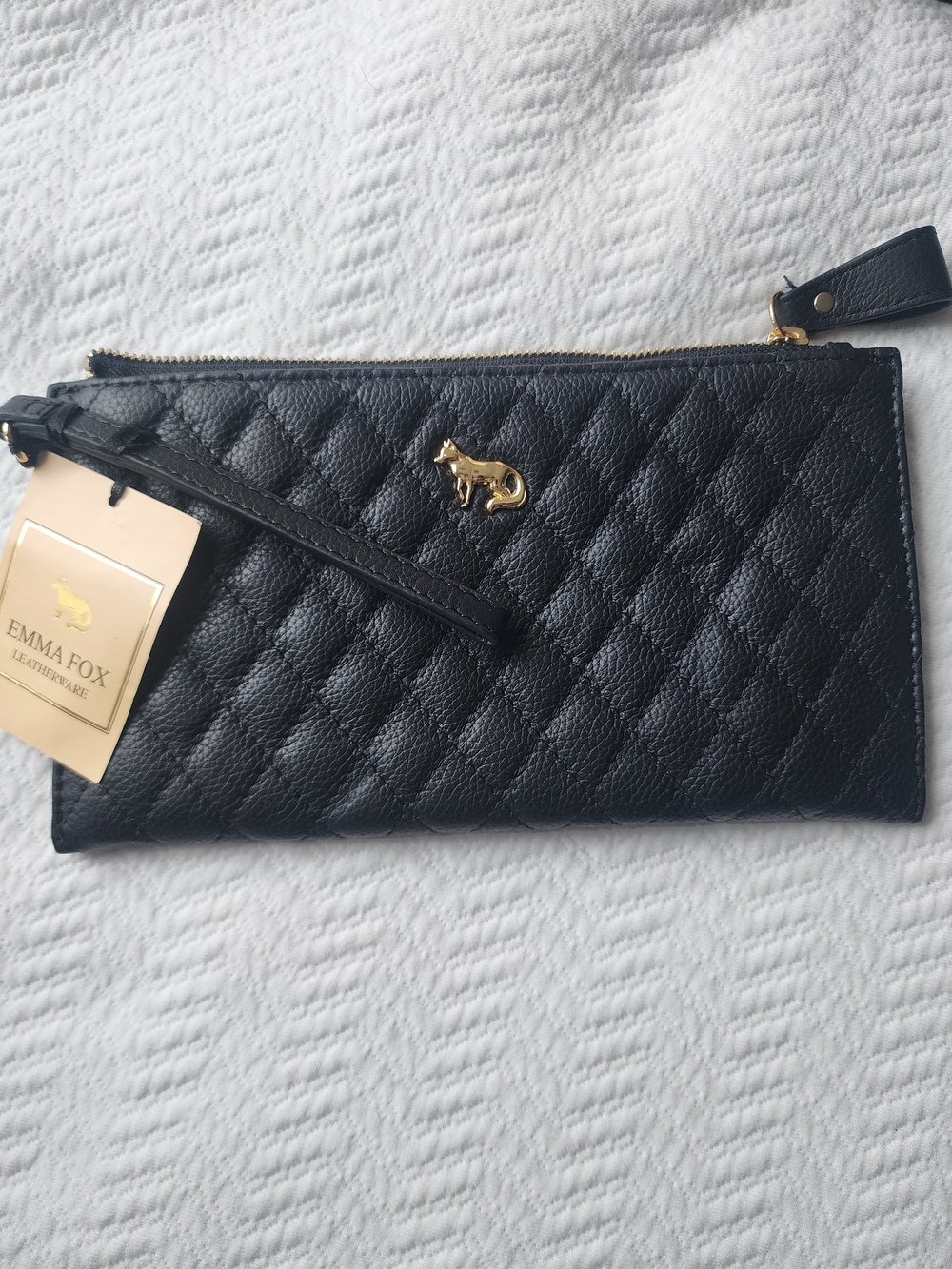 Emma Fox Quilted Black Leather Wristlet with Gold Fox Accent